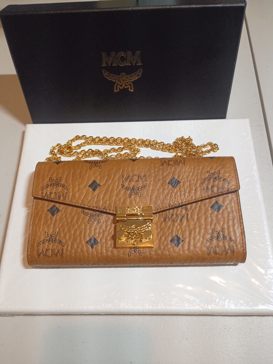 MCM Handbags - MCM Cognac Visetos Leather Chain Wallet - Gold Hardware